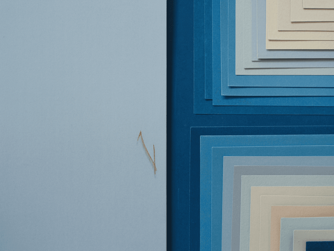 Abstract layered paper illustration in pale blue, deep blue, chalk white, and copper.
