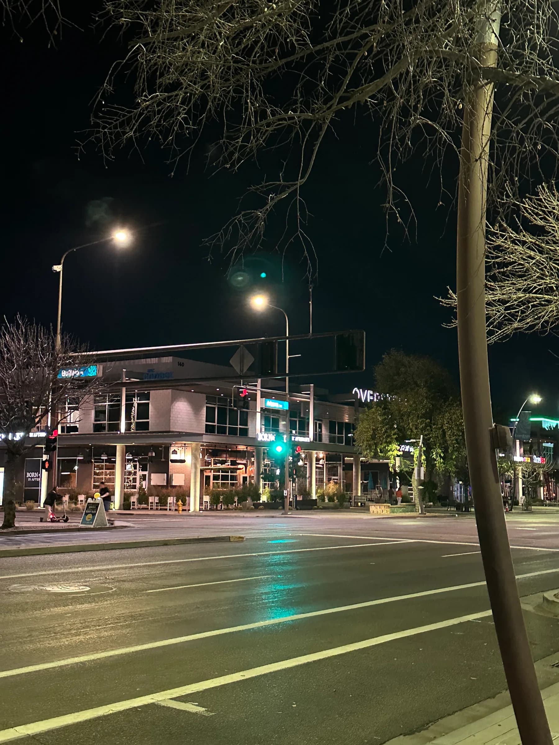 Downtown Chandler street and Overstreet buildings at night