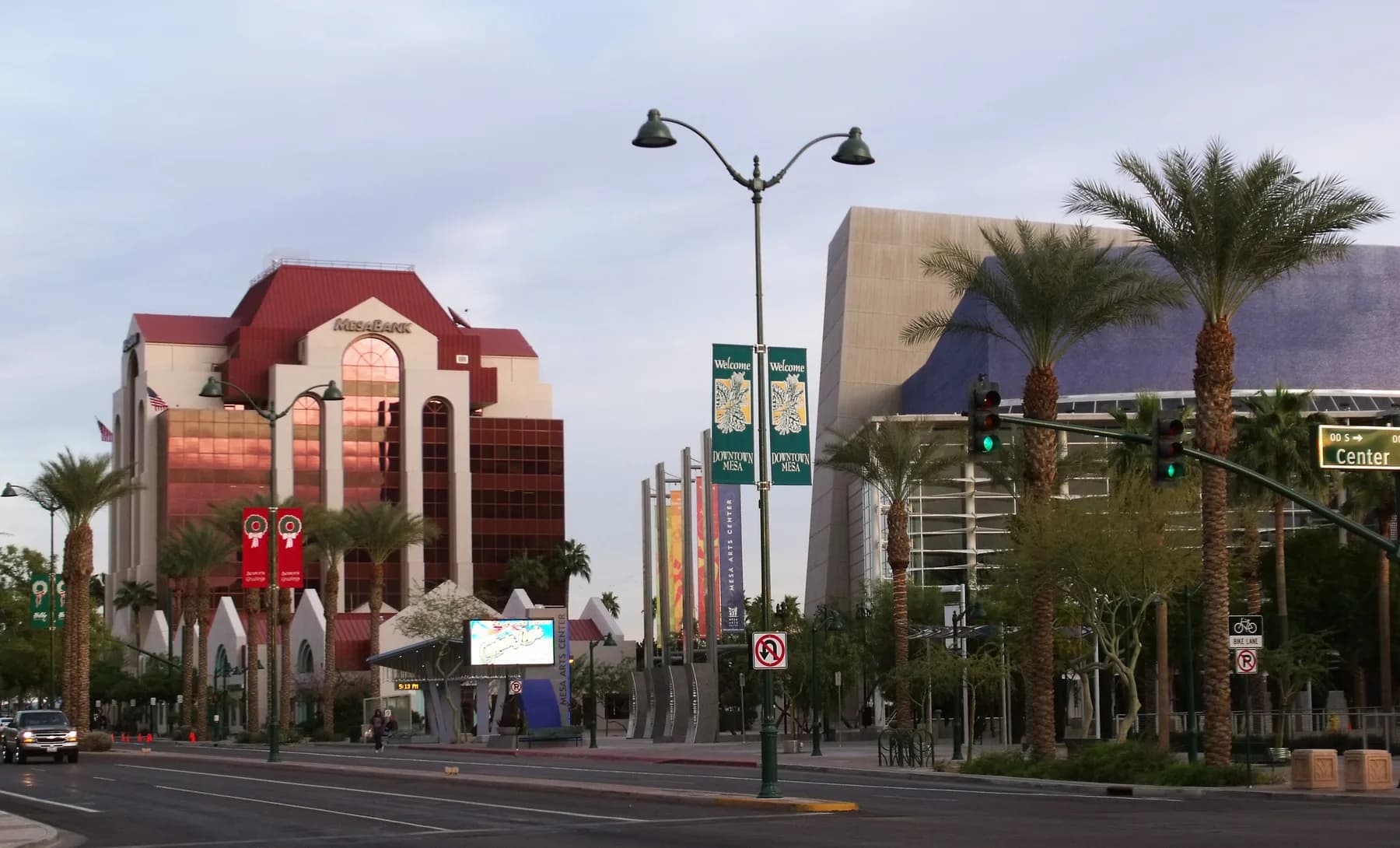 Downtown Mesa streetscape with the Mesa Bank building and Mesa Arts Center
